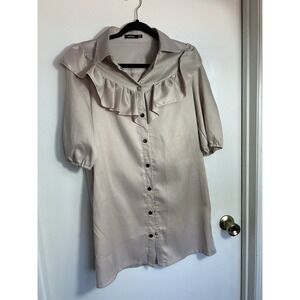 Boohoo Woman's Button Down Shirt Dress Ruffle Frill Yoke Puff Sleeves Edgy Sz 4